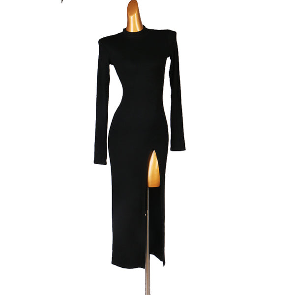 Black latin dance dress with boat neckline and high front slit midi skirt
