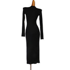 Black boat neck latin dance dress rear view showing the low back
