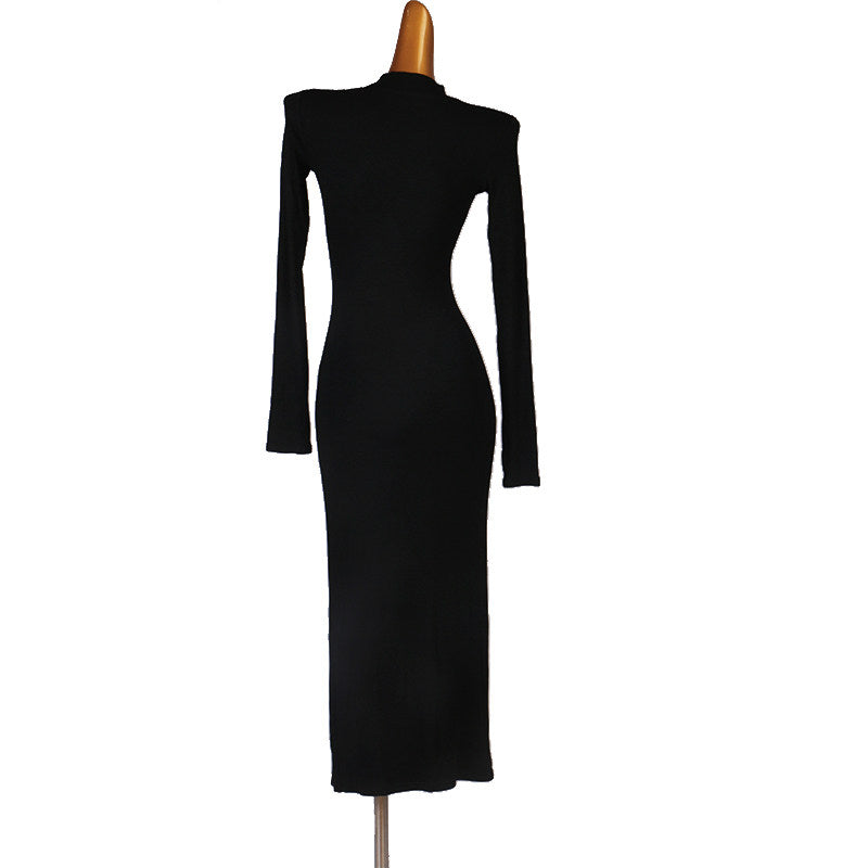 Black boat neck latin dance dress rear view showing the low back