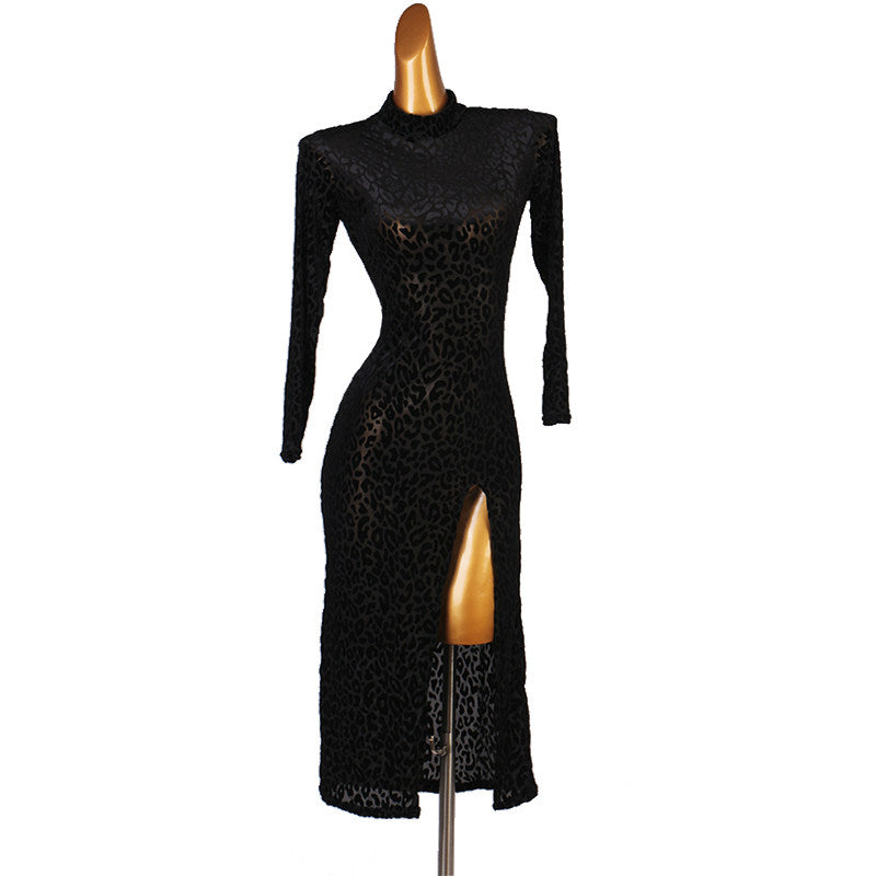 Black textured latin dance dress with boat neckline and high slit