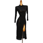 Black textured latin dance dress angled view showing the slit open