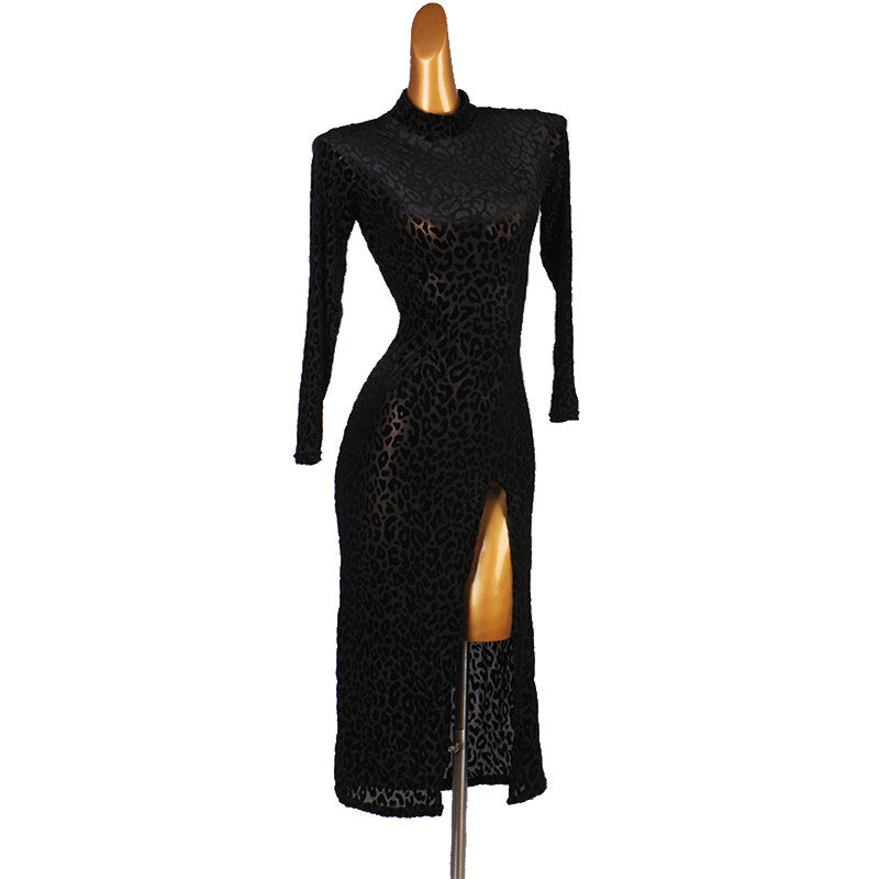 Black textured latin dance dress angled view showing the slit open
