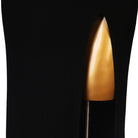 Close view of the high front slit on the midi skirt
