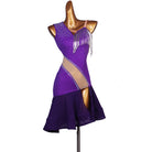 Purple colour block latin dance dress with silver bead fringe at the shoulder