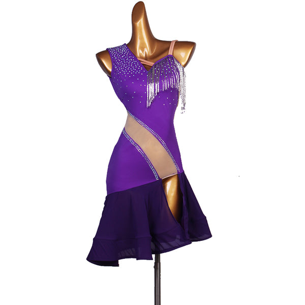 Purple colour block latin dance dress with silver bead fringe at the shoulder