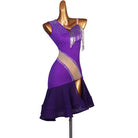 Purple colour block latin dance dress angled view showing the curved panels