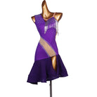 Purple colour block latin dance dress side view with the flared hem