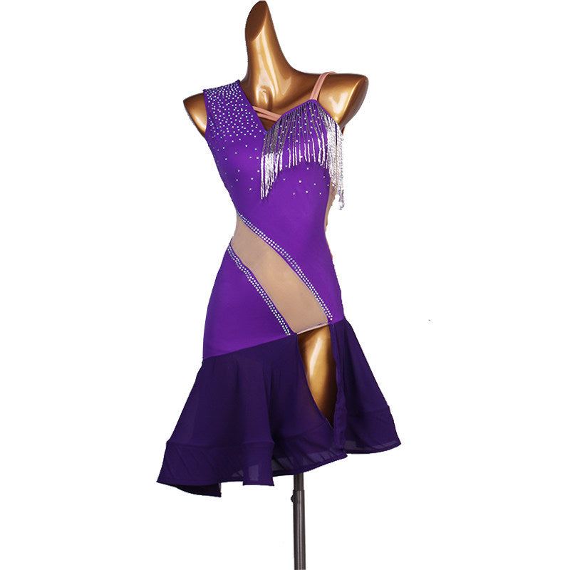 Purple colour block latin dance dress side view with the flared hem