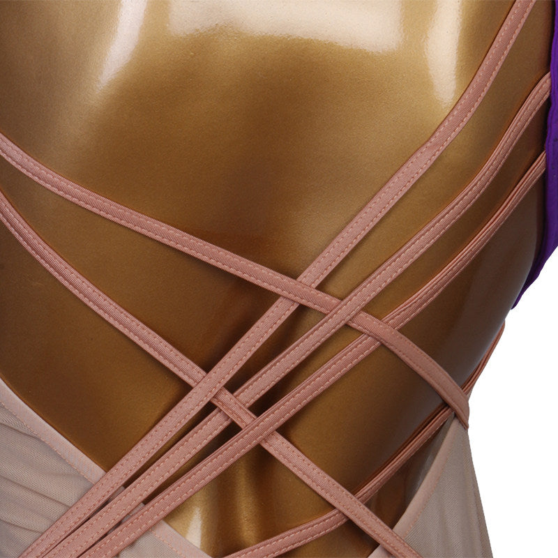 Close view of the crossed strap back on the nude panel