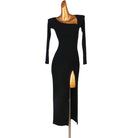 Black latin dance dress with slanted asymmetric neckline and high slit midi