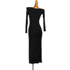 Black asymmetric neck latin dance dress rear view showing the long line