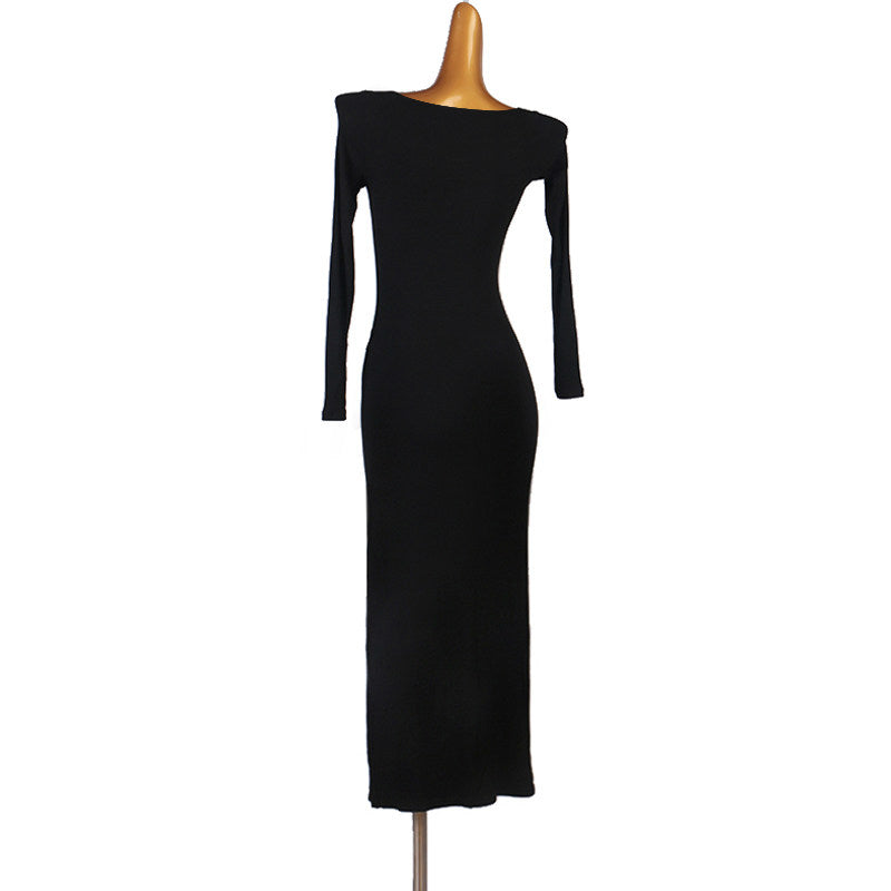 Black asymmetric neck latin dance dress rear view showing the long line