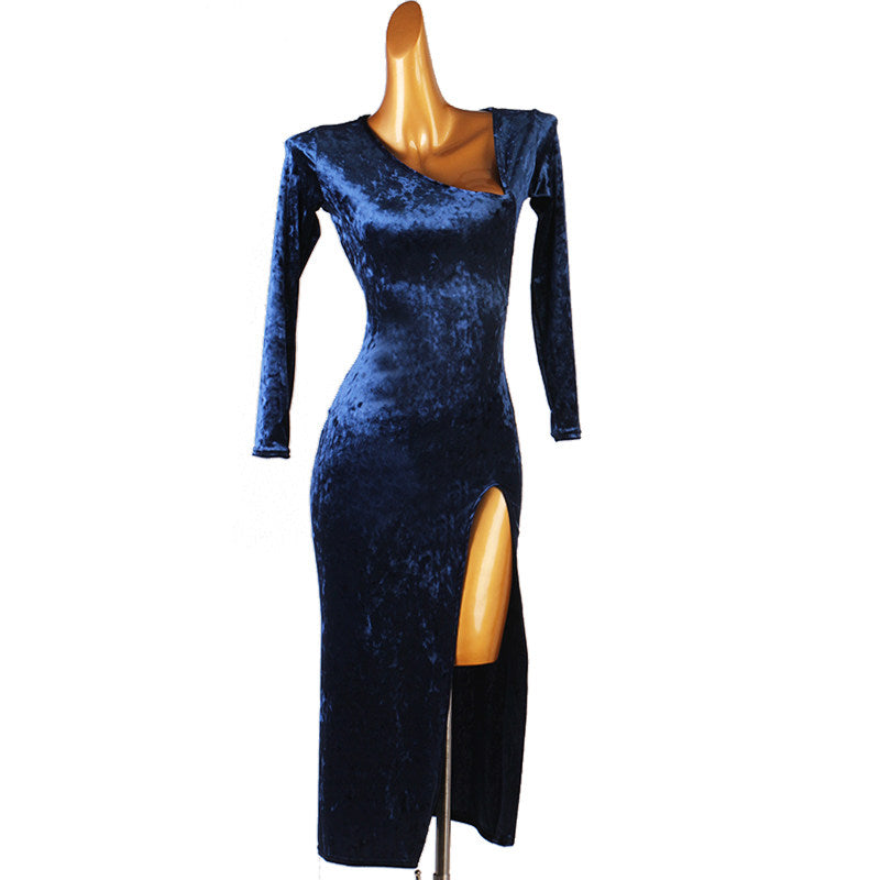 Blue velvet latin dance dress with asymmetric neckline and high front slit