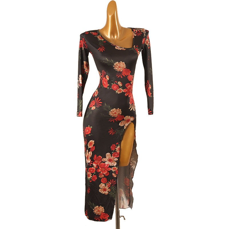 Black floral print latin dance dress with slanted neckline and high slit