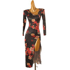 Black floral print latin dance dress angled view showing the slit open