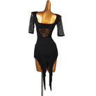 Black latin dance dress with open lace half sleeves and ragged fringe hem