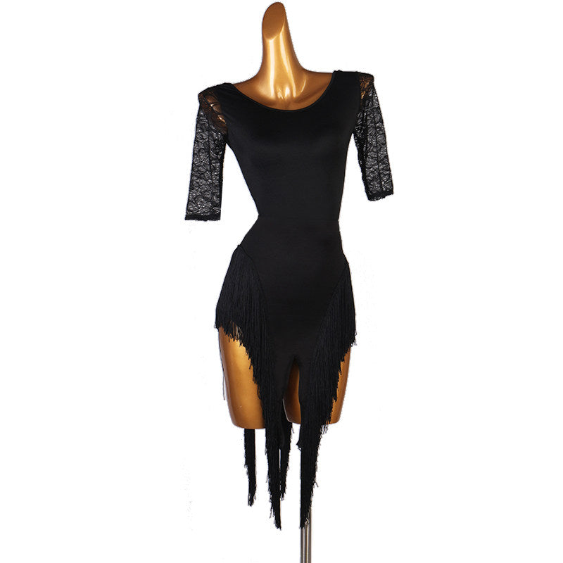 Black lace sleeve latin dance dress angled view showing the fringe strips