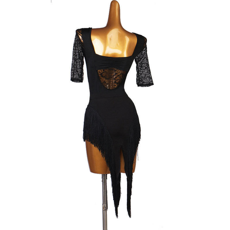 Black lace sleeve latin dance dress rear view showing the wide open back