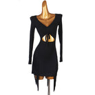 Black latin dance dress with ruched centre front, waist keyhole and fringe hem