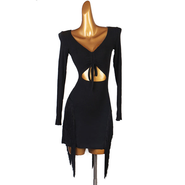 Black latin dance dress with ruched centre front, waist keyhole and fringe hem