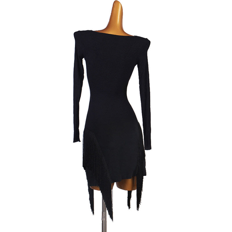 Black ruched front latin dance dress rear view showing the low back