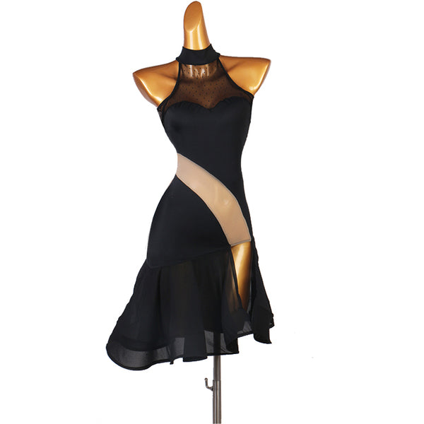 Black latin dance dress with diagonal mesh panel and small stand collar