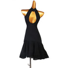 Black latin dance dress front view showing the double ruffle hem