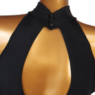 Close view of the buttoned keyhole opening at the collar