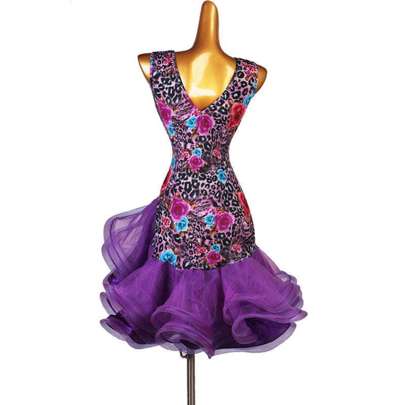 Floral print latin dance dress rear view showing the low V back