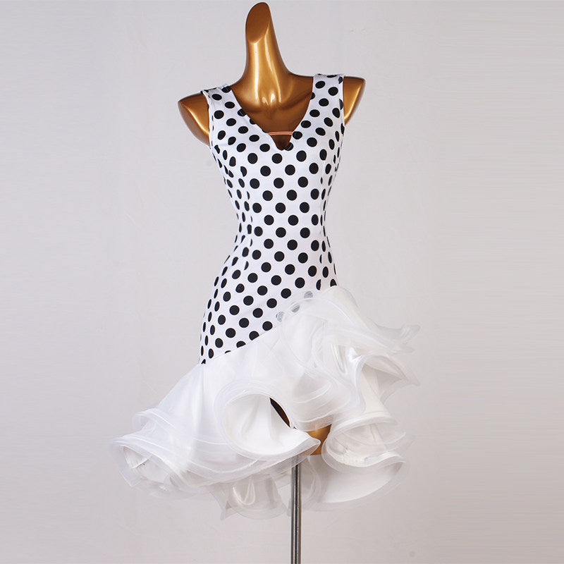 Polka dot latin dance dress with V neckline and full white organza skirt
