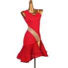 Red latin dance dress with diagonal nude mesh waist insert and fishtail skirt