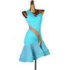 Light blue latin dance dress with nude mesh waist insert and fishtail skirt