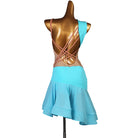 Light blue latin dance dress rear view showing the crossed straps