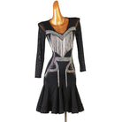 Black latin dance dress with silver bugle bead fringe and crystal panel