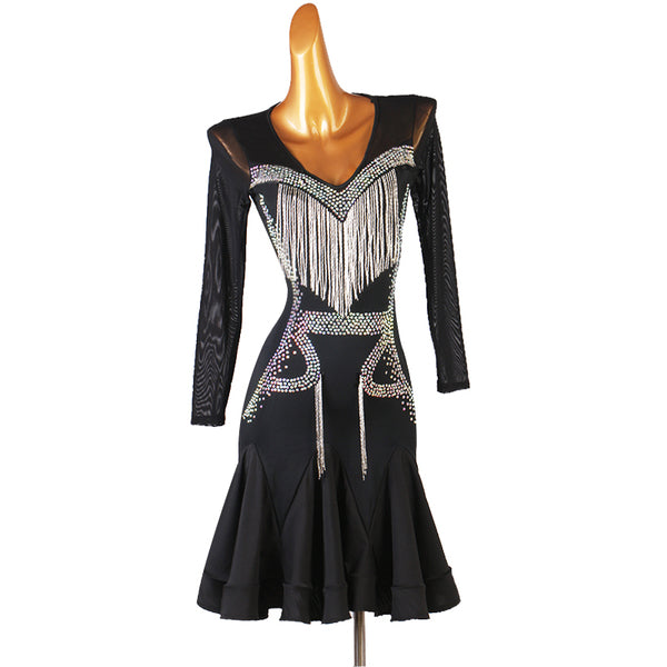 Black latin dance dress with silver bugle bead fringe and crystal panel