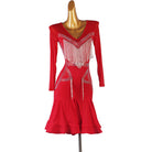 Red bugle fringe latin dance dress rear view with the fishtail hem