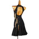 Black latin dance dress with gold bugle bead fringe down one side and open back