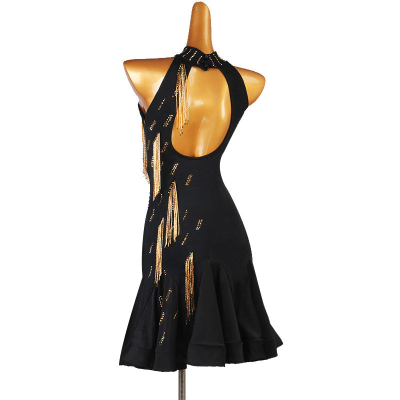 Black latin dance dress with gold bugle bead fringe down one side and open back