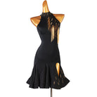 Black gold bugle fringe latin dance dress front view with the fishtail hem