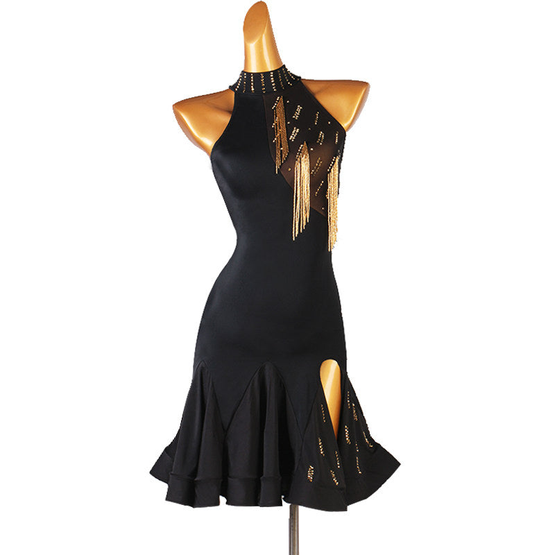 Black gold bugle fringe latin dance dress front view with the fishtail hem