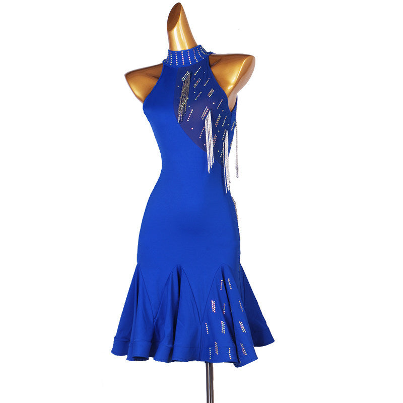 Blue latin dance dress with gold bugle bead fringe and halter collar