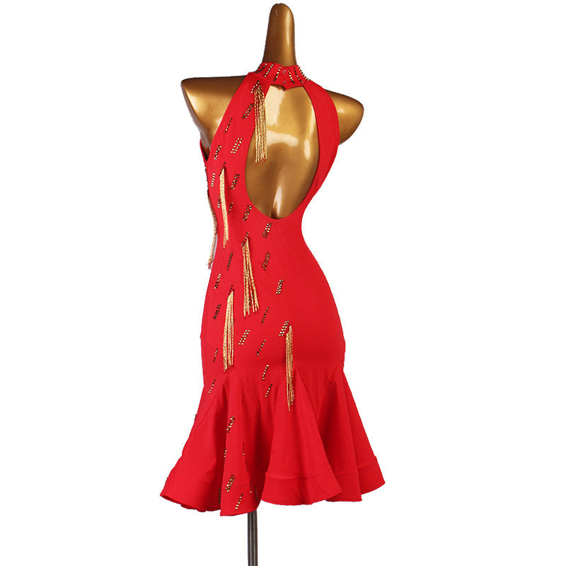 Red latin dance dress with gold bugle bead fringe down one side