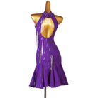 Purple latin dance dress with gold bugle fringe and open back