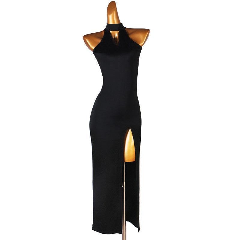 Black latin dance dress with small stand collar and high slit long skirt