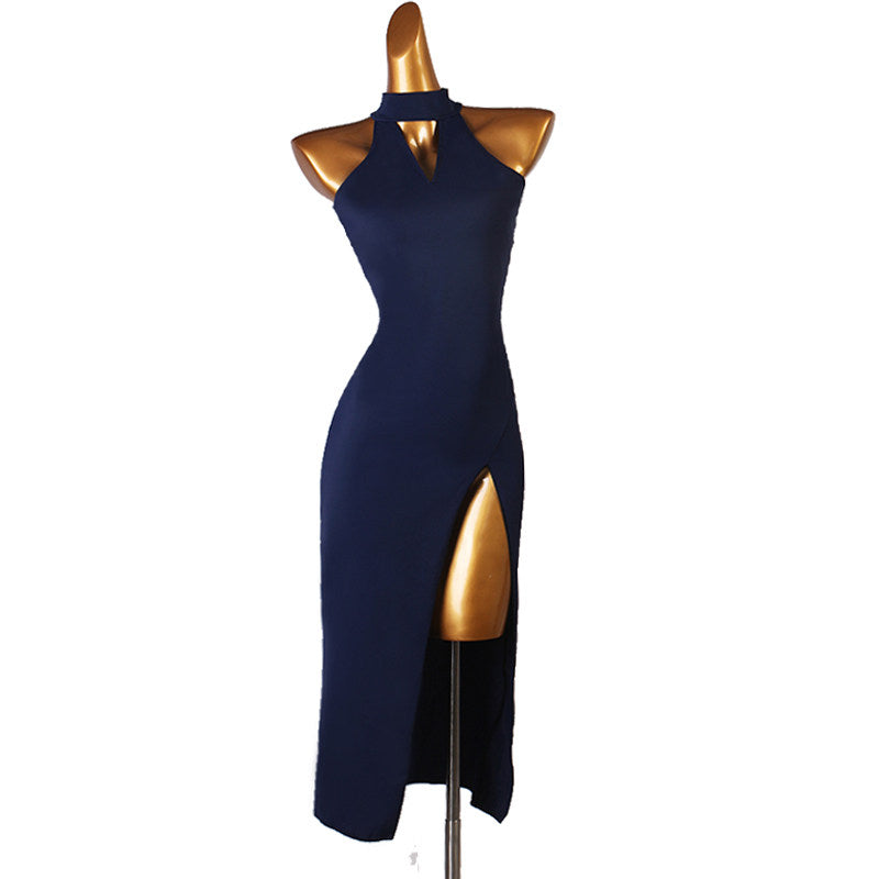 Navy latin dance dress with stand collar and keyhole neckline
