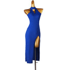 Navy latin dance dress angled view showing the high front slit