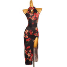 Black floral print latin dance dress with stand collar and long slit skirt