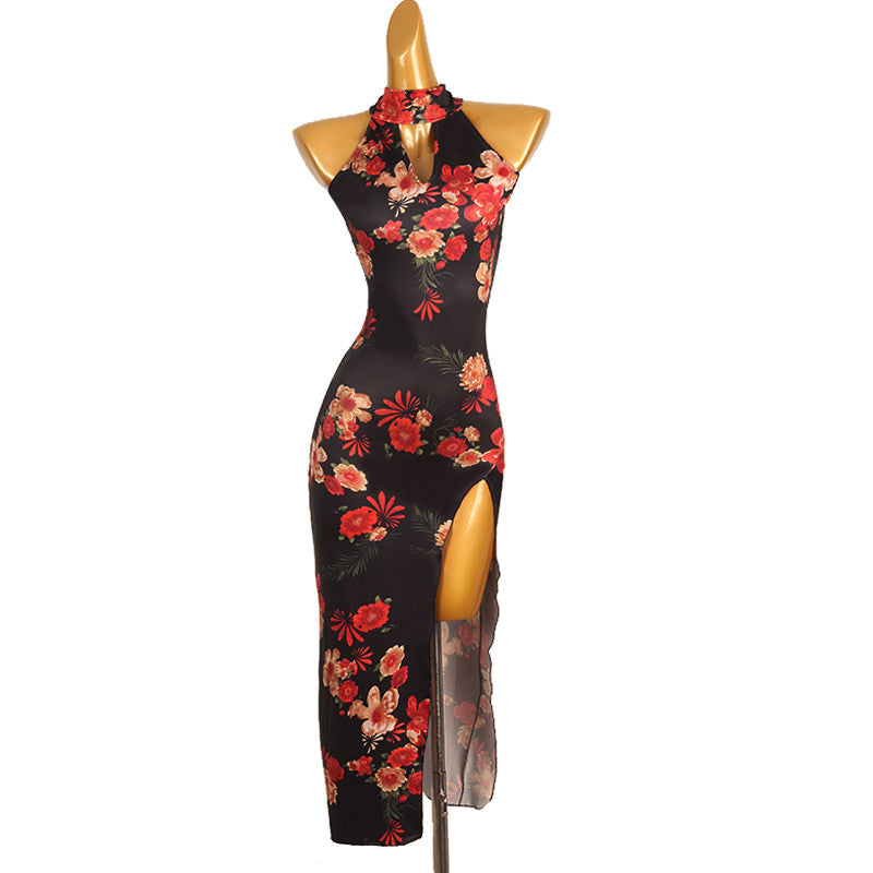 Black floral print latin dance dress with stand collar and long slit skirt