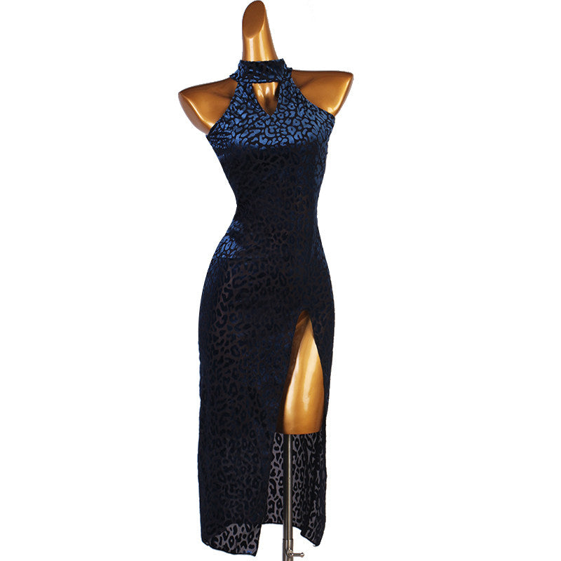 Navy sequin latin dance dress with stand collar and high slit