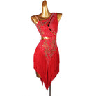 Red latin dance dress with ladder cutout waist and crystal packed bodice